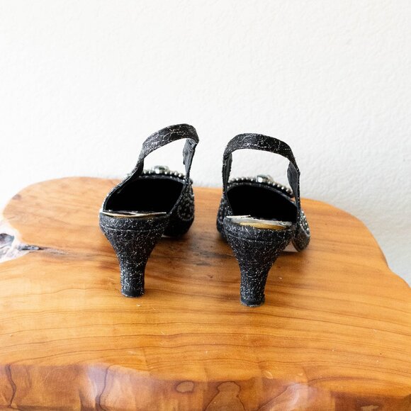Pierre Dumas Black Glitter Slingback Heels Size 11 Rhinestone Embellished Shoes - Picture 9 of 10